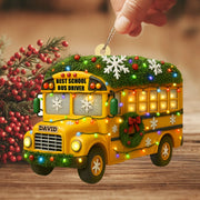 Adorno de madera personalizado para el mejor conductor de autobús escolar - Regalo de Navidad con autobús amarillo personalizado para conductores y maestros