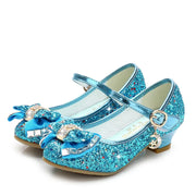 Girls Princess Leather Shoes – Glitter Flower & Butterfly Knot Low Heel | 4 Colors | Sizes 26–38