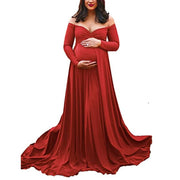 Vestido de Maternidad con Hombros Descubiertos y Mangas Largas – Túnica Elegante de Color Sólido para Fotografía y Ocasiones Especiales