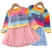 Girls Rainbow Stripe Tutu Dress – Long-Sleeve Knee-Length Party Outfit