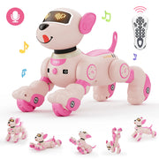 Juguete robot perro interactivo con comando de voz, control remoto de 2.4GHz, sensor táctil y modo de programación STEM — Mascota acrobática vivaz para niños (rosa/naranja)