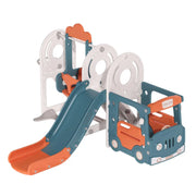 3-in-1 Kids Toddler Swing and Slide Set Climber Playset for Toddlers Age 3-6 – Bus-Shaped Multi-Activity Center with Basketball Hoop (Beige/Blue/Yellow)