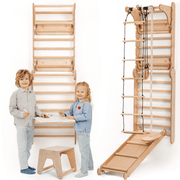 7-in-1 Wooden Swedish Wall & Climbing Ladder for Kids – Swing Set, Slide Board, Art Add-On & Gym Set