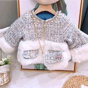 Padded Plaid Fur Coat with Bag