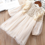 Floral Lace Top and Ruffles Long Sleeve Girl Mesh Dress
