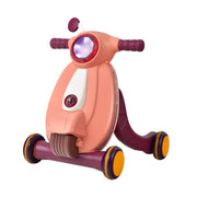 Toy scooter with pink body and purple handlebar on a white background