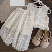 Conjunto de ropa de encaje hueco de verano para niñas 