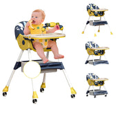 4-in-1 baby high chair with a child sitting in it, featuring additional angles of the chair.
