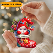 Adorno personalizado del primer día de navidad del bebé - Calcetín acrílico con foto personalizada como recuerdo, decoración de árbol de navidad para recién nacidos 2025