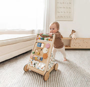 Compact natural wooden baby walker easy to assemble and store
