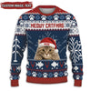 Christmas sweater with a cat wearing a Santa hat and 'MEOWY CATFMAS' text.