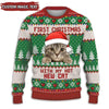 Christmas sweater with a cat design and text 'First Christmas with my hot new cat' on a white background.