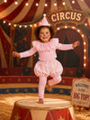 Kids Pink Clown Pajama Costume – Circus Clown Outfit with Ruffled Collar, Striped Bloomers & Clown Hat