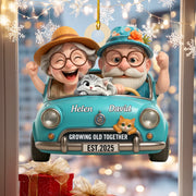 Cartoon grandparents in a car with pets, surrounded by festive decorations.