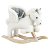 White rocking horse with wooden base on a white background