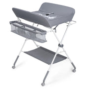 Gray baby changing table with wheels on a white background