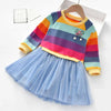 Girls Rainbow Stripe Tutu Dress – Long-Sleeve Knee-Length Party Outfit