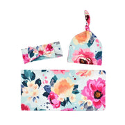 Conjunto de manta para bebé, diadema envolvente y sombrero con estampado floral