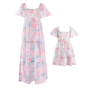 Vestido a juego para madre e hija, manga abullonada teñida con lazo, larga